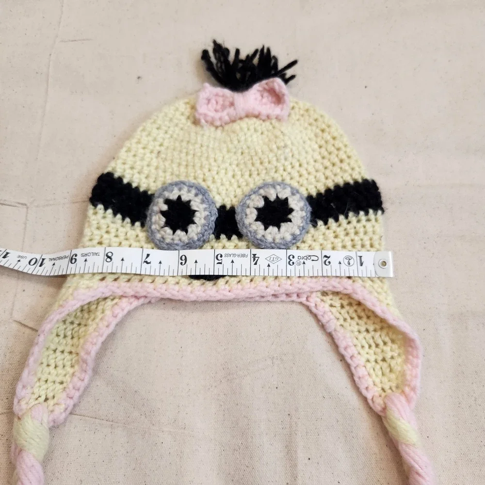 Handcrafted Minion Earflap Beanie Hat Braids Pink Bow Girls Kids Youth Handmade
